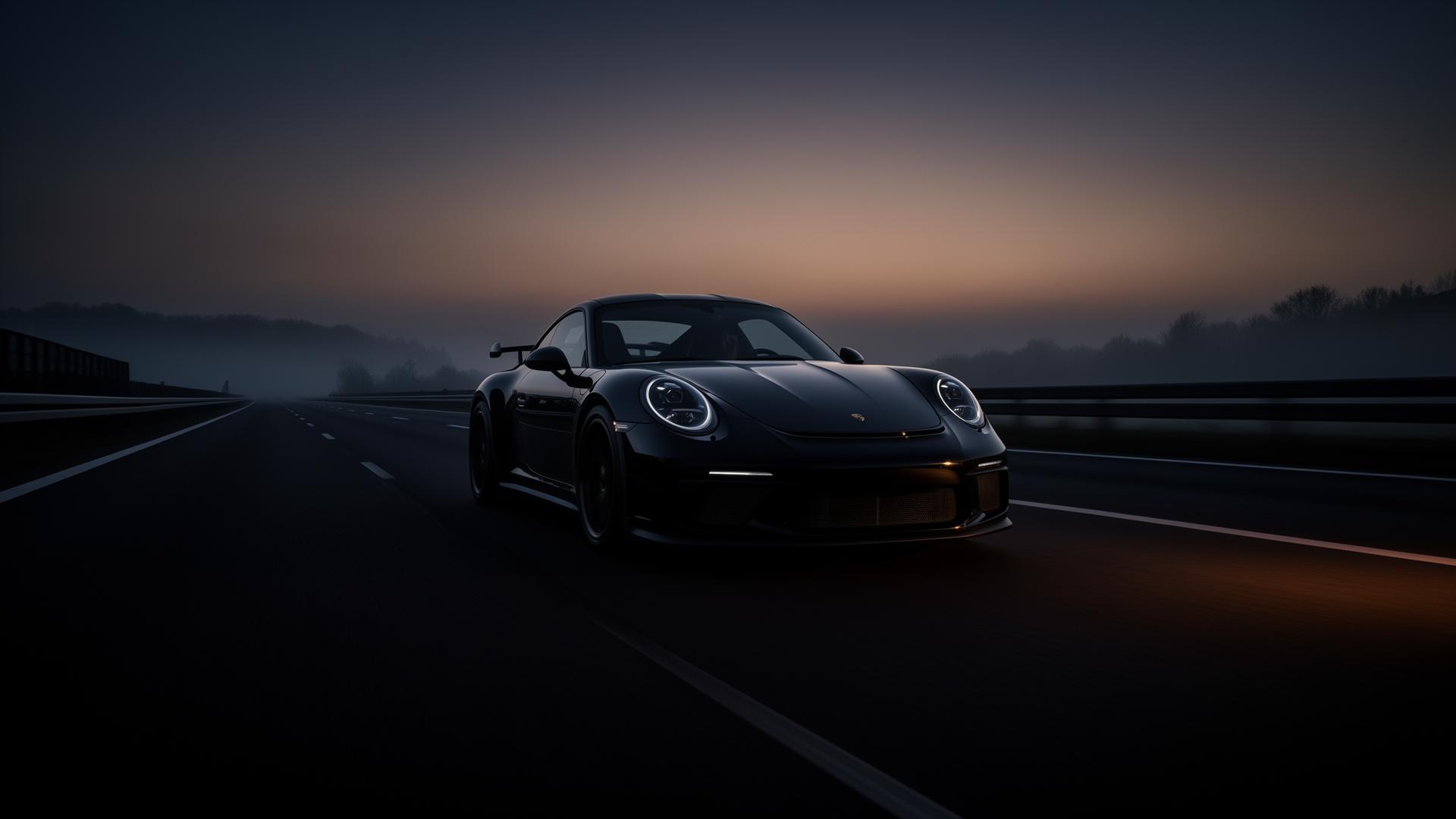 Black Porsche GT3 on an empty German Autobahn at dusk
